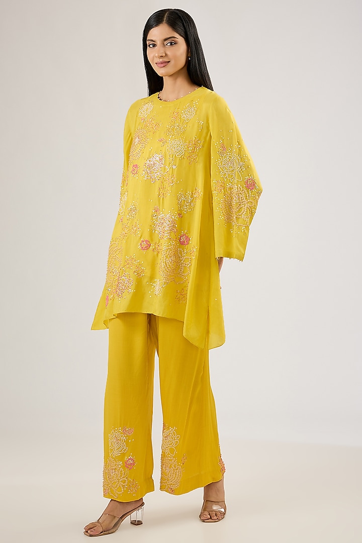 Mango Yellow Viscose Silk Floral Hand Embroidered A-Line Kurta Set by One not two at Pernia's Pop Up Shop