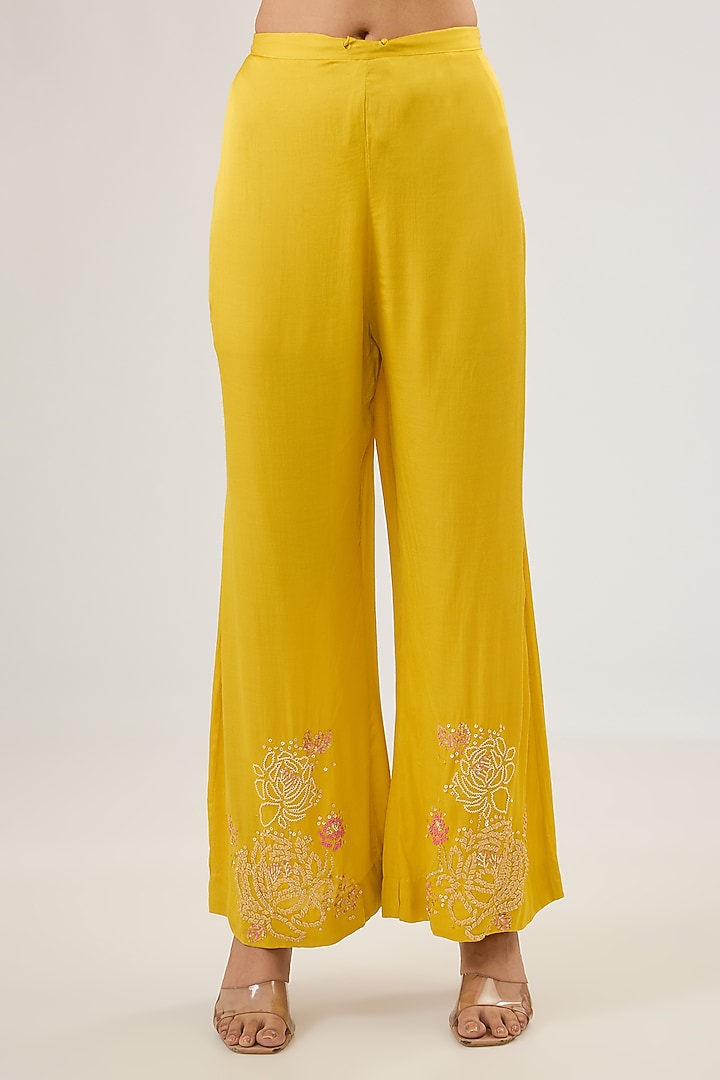 Mango Yellow Viscose Silk Floral Hand Embroidered A-Line Kurta Set by One not two at Pernia's Pop Up Shop