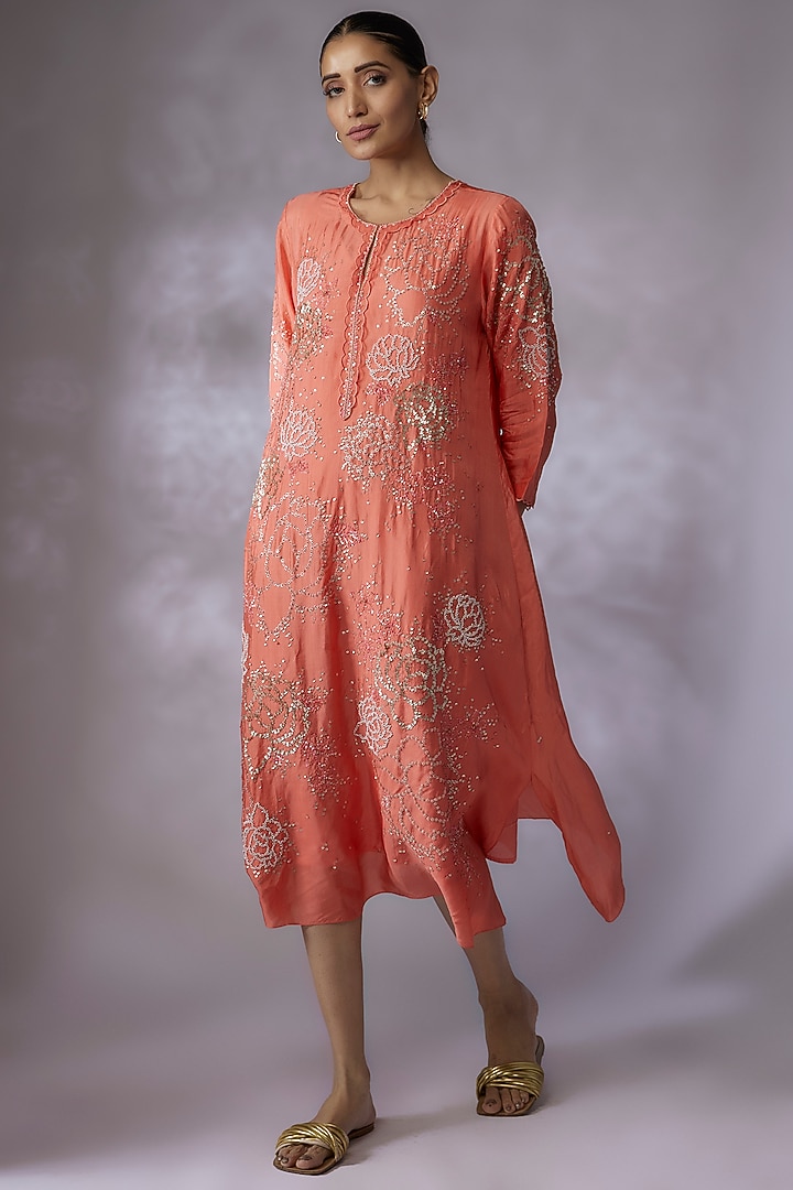 Coral Viscose Silk Embroidered Kurta by One not two at Pernia's Pop Up Shop