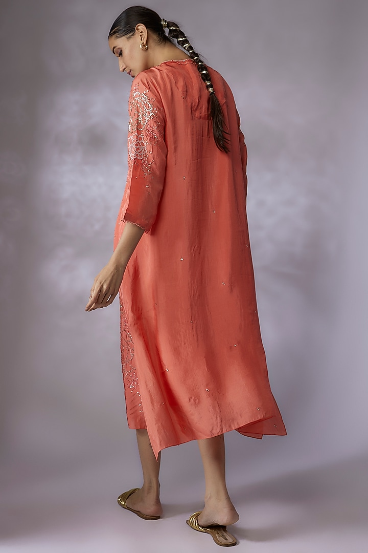 Coral Viscose Silk Embroidered Kurta by One not two at Pernia's Pop Up Shop