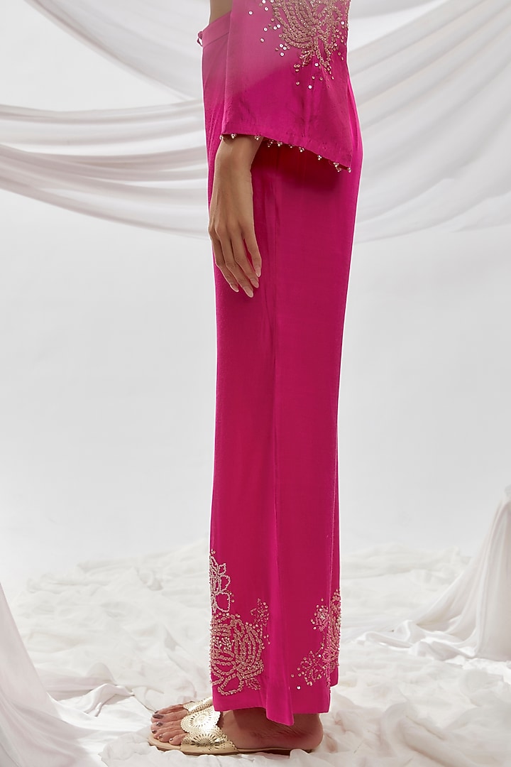 Hot Pink Viscose Silk Floral Embroidered Kurta Set by One not two at Pernia's Pop Up Shop