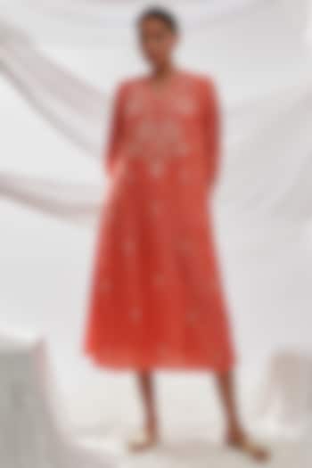 Coral Viscose Silk Floral Embroidered Kurta by One not two at Pernia's Pop Up Shop