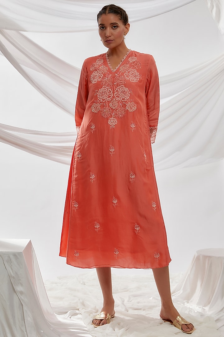 Coral Viscose Silk Floral Embroidered Kurta by One not two at Pernia's Pop Up Shop