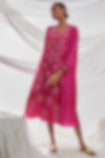 Hot Pink Viscose Silk Floral Embroidered Kurta by One not two at Pernia's Pop Up Shop