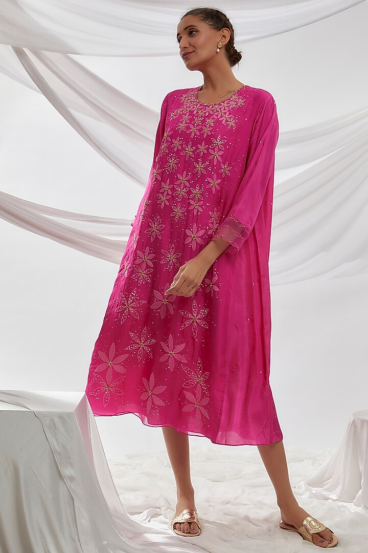 Hot Pink Viscose Silk Floral Embroidered Kurta by One not two at Pernia's Pop Up Shop