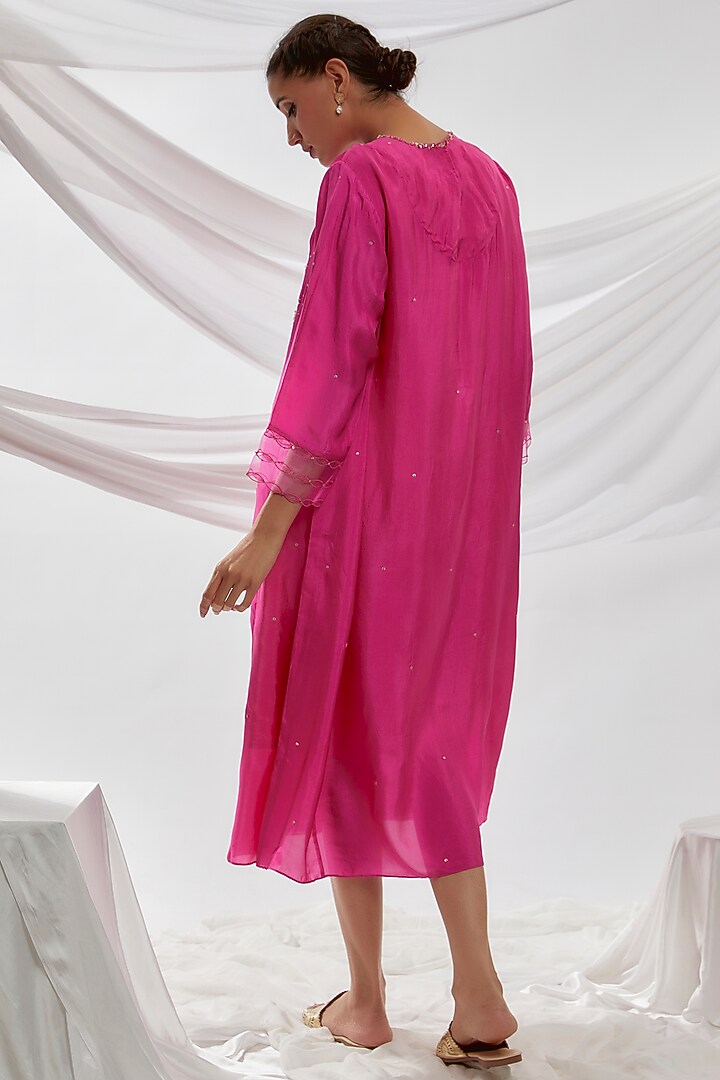 Hot Pink Viscose Silk Floral Embroidered Kurta by One not two at Pernia's Pop Up Shop