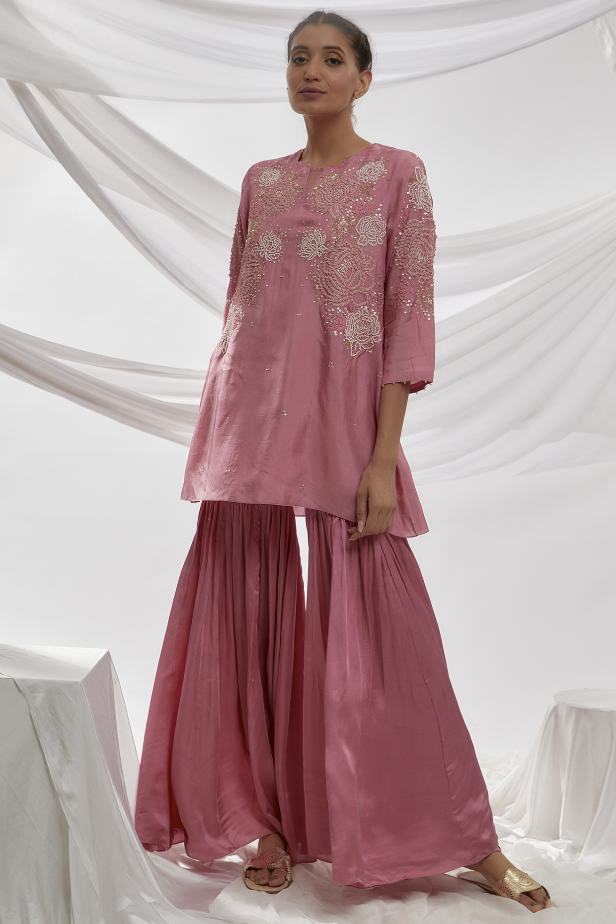 Pink Viscose Silk Party Wear Sharara Set by One not two at Pernia's Pop Up Shop