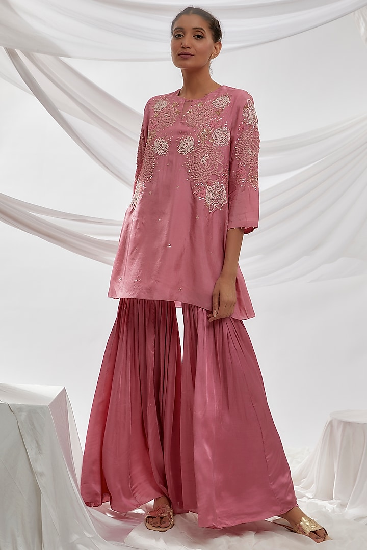 Pink Viscose Silk Party Wear Sharara Set by One not two at Pernia's Pop Up Shop