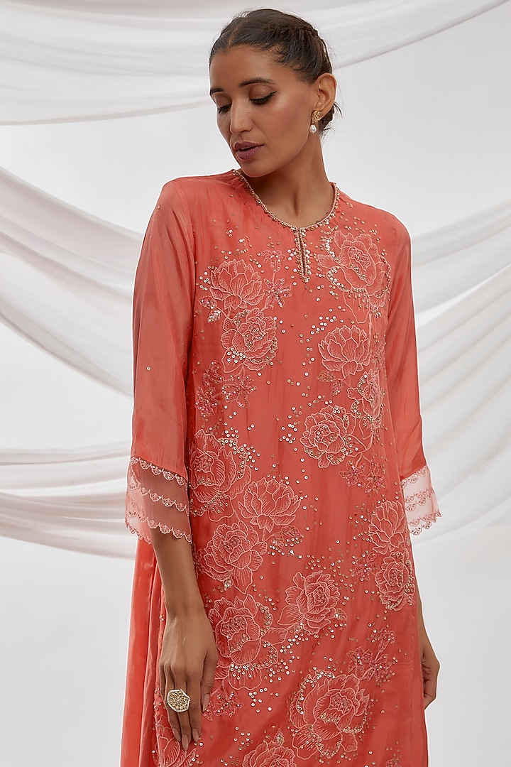 Orange Viscose Silk Embroidered Kurta by One not two at Pernia's Pop Up Shop