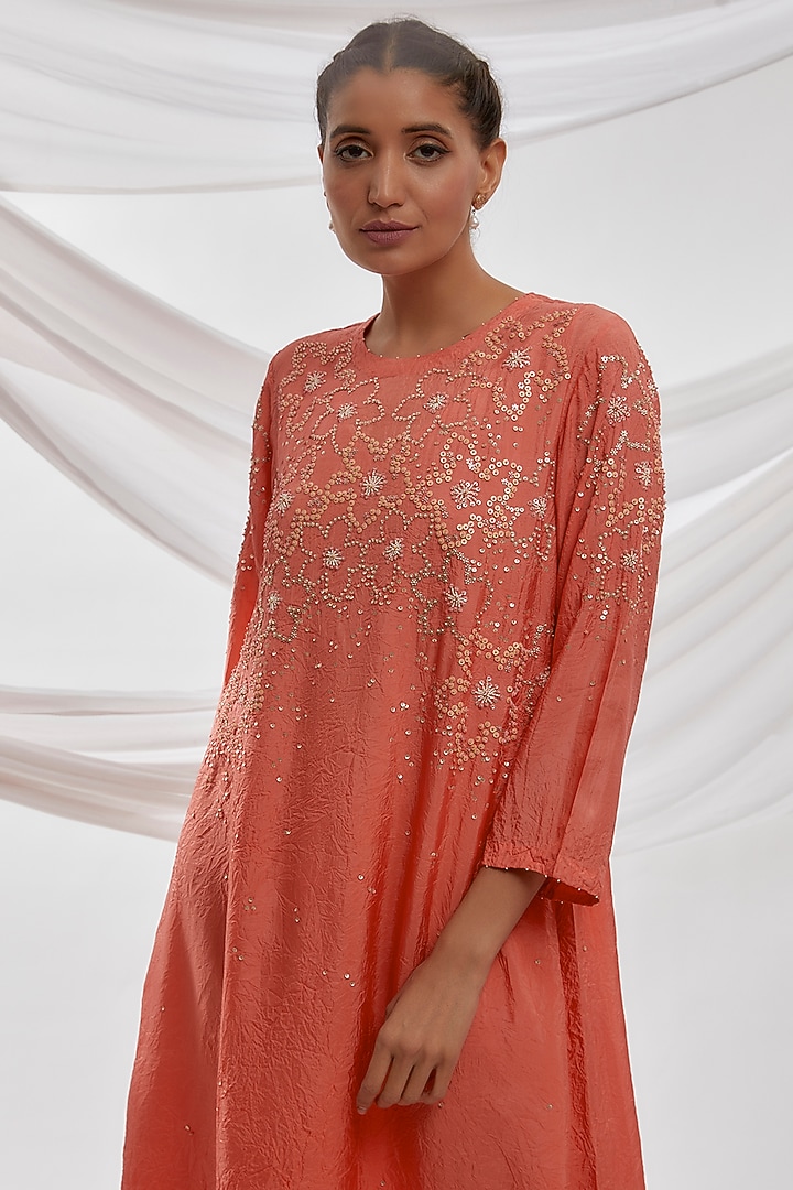 Coral Viscose Silk Embroidered Kurta by One not two at Pernia's Pop Up Shop