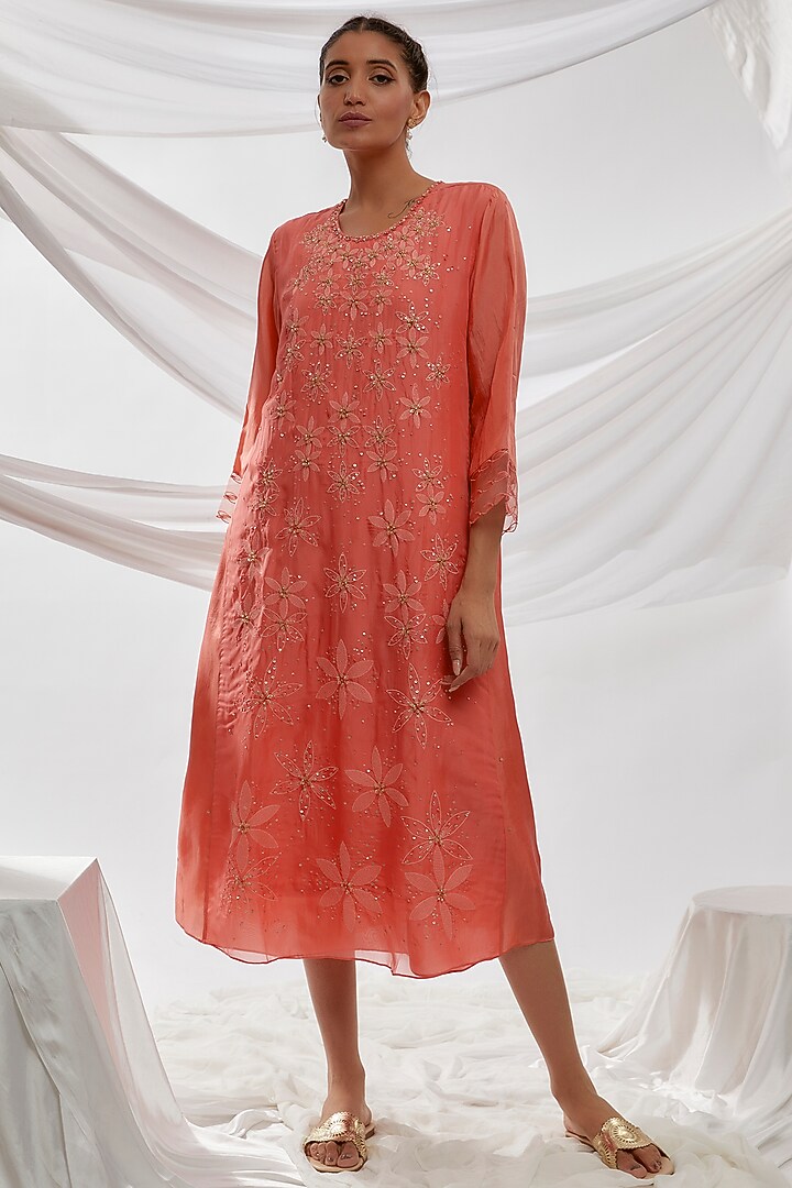 Coral Viscose Silk Embroidered Kurta by One not two at Pernia's Pop Up Shop
