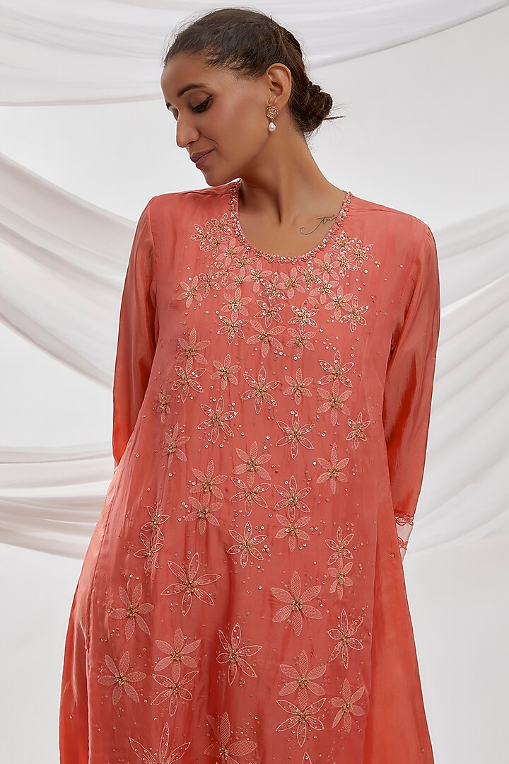 Coral Viscose Silk Embroidered Kurta by One not two at Pernia's Pop Up Shop