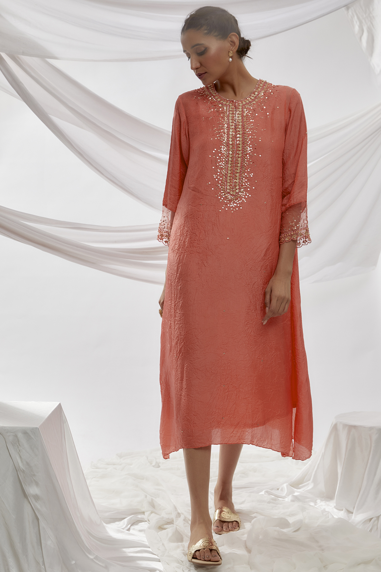 Coral Viscose Silk Embroidered Kurta by One not two at Pernia's Pop Up Shop