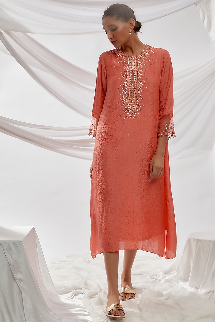 Coral Viscose Silk Embroidered Kurta by One not two at Pernia's Pop Up Shop
