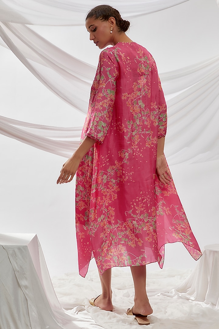 Hot Pink Viscose Silk Printed & Embroidered Kurta by One not two at Pernia's Pop Up Shop