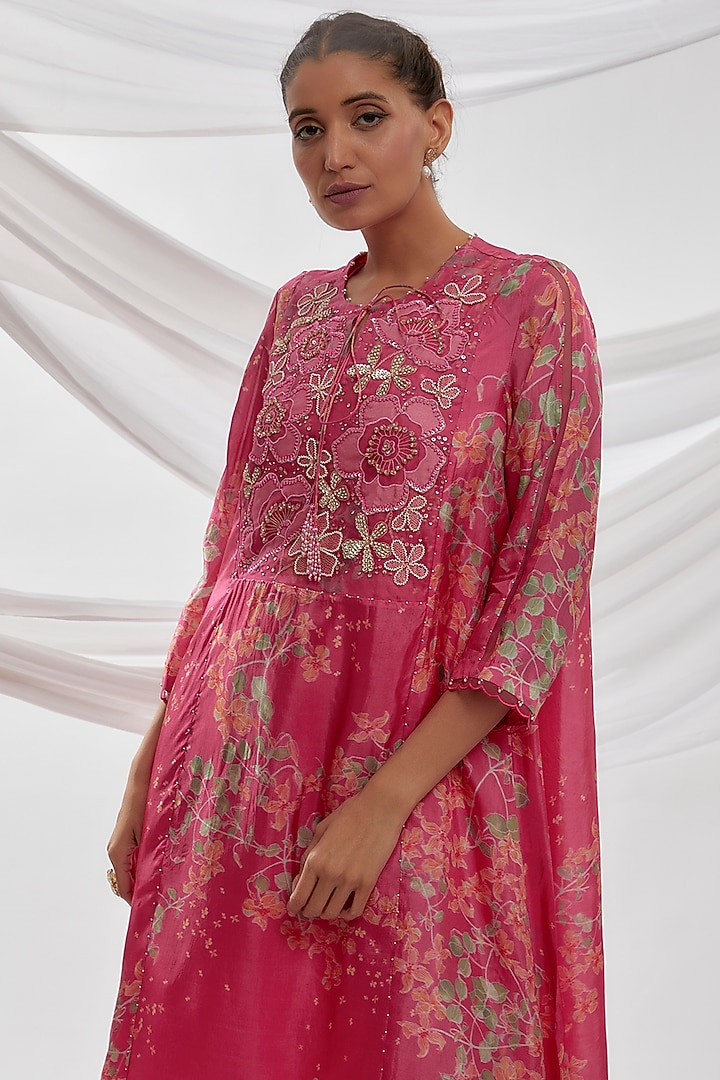 Hot Pink Viscose Silk Printed & Embroidered Kurta by One not two at Pernia's Pop Up Shop