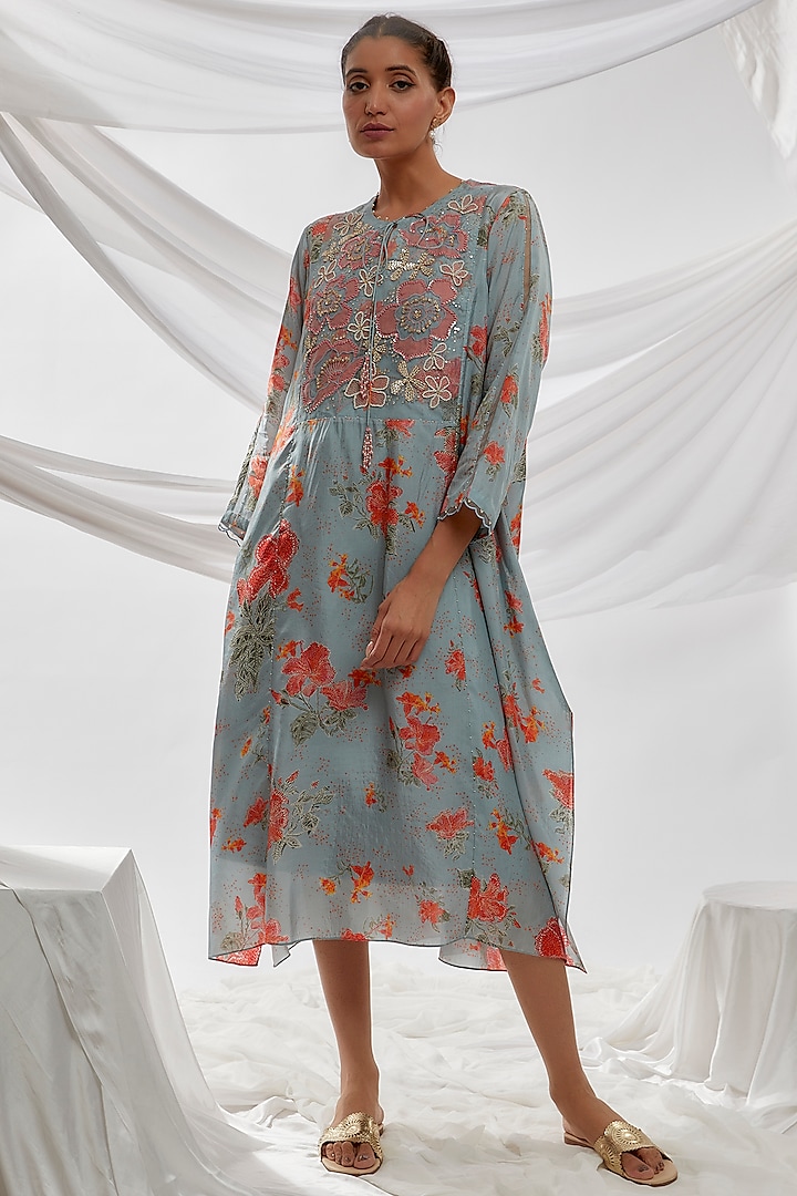 Blue Viscose Silk Printed & Embroidered Kurta by One not two at Pernia's Pop Up Shop