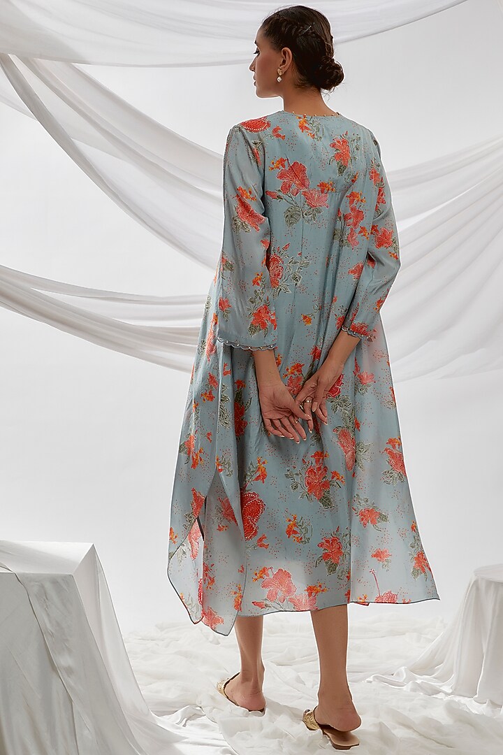 Blue Viscose Silk Printed & Embroidered Kurta by One not two at Pernia's Pop Up Shop