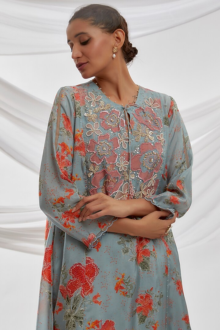 Blue Viscose Silk Printed & Embroidered Kurta by One not two at Pernia's Pop Up Shop