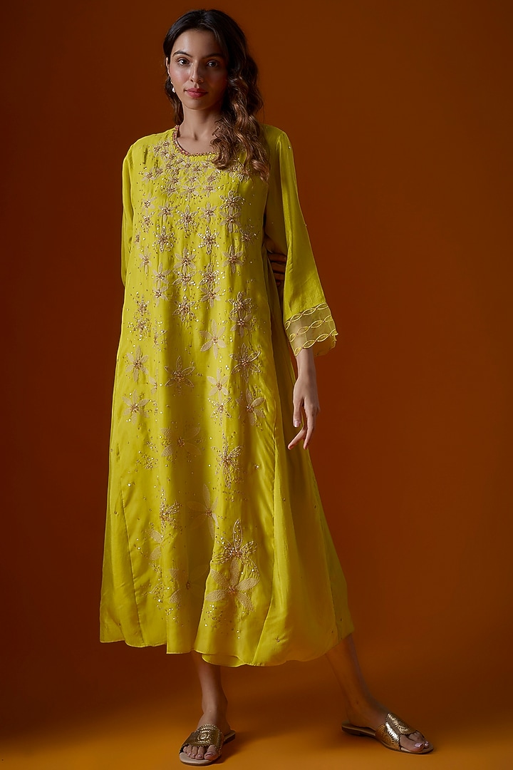 Yellow Viscose Silk Hand Embroidered Kurta by One not two at Pernia's Pop Up Shop
