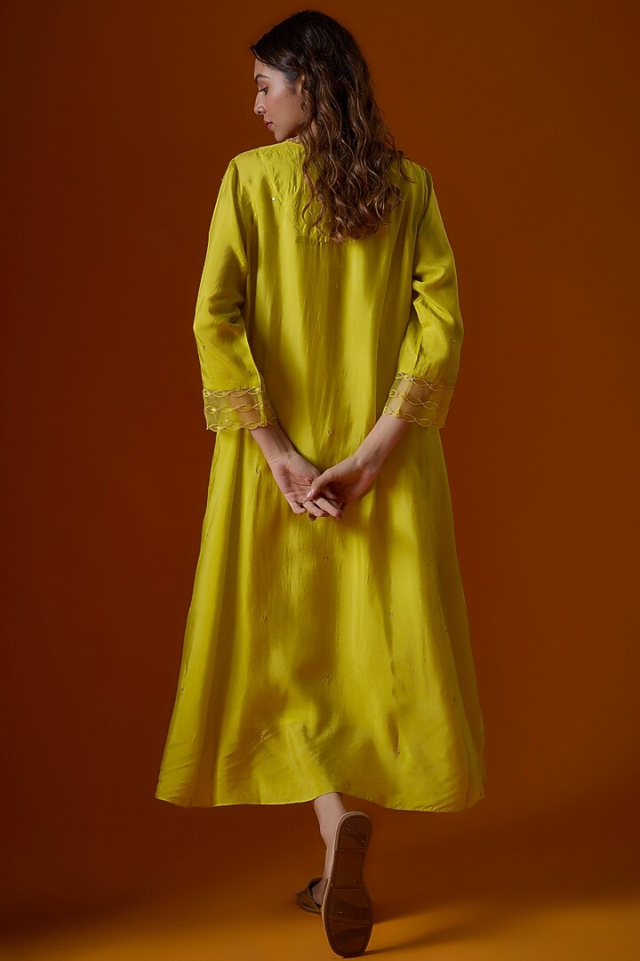 Yellow Viscose Silk Hand Embroidered Kurta by One not two at Pernia's Pop Up Shop