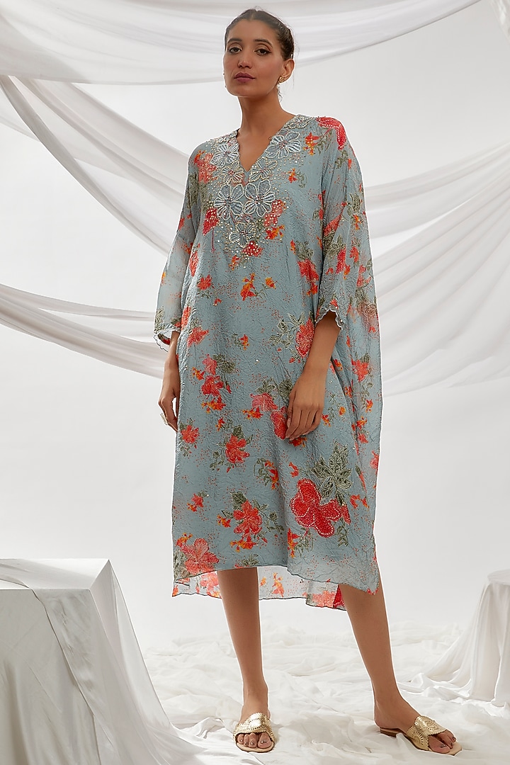 Blue Viscose Silk Printed & Embroidered Kurta by One not two at Pernia's Pop Up Shop