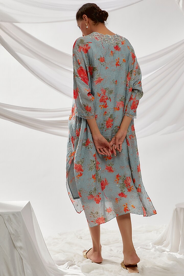 Blue Viscose Silk Printed & Embroidered Kurta by One not two at Pernia's Pop Up Shop
