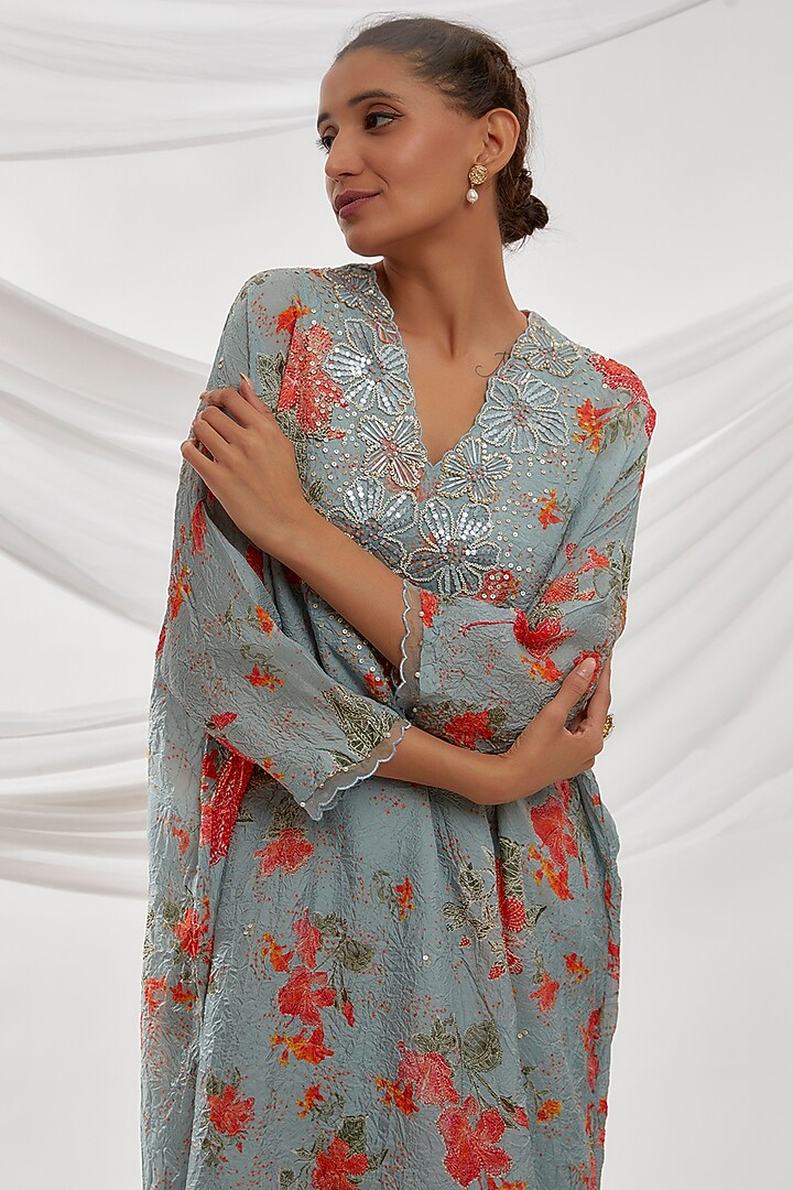 Blue Viscose Silk Printed & Embroidered Kurta by One not two at Pernia's Pop Up Shop