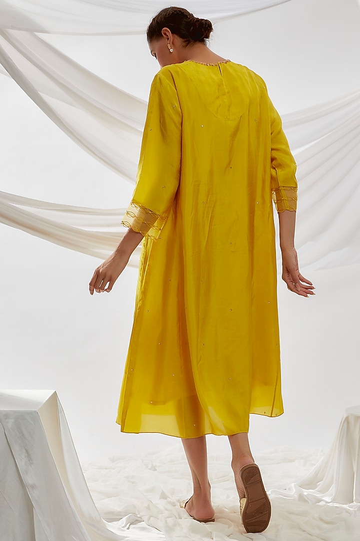 Yellow Viscose Silk Embroidered Kurta by One not two at Pernia's Pop Up Shop