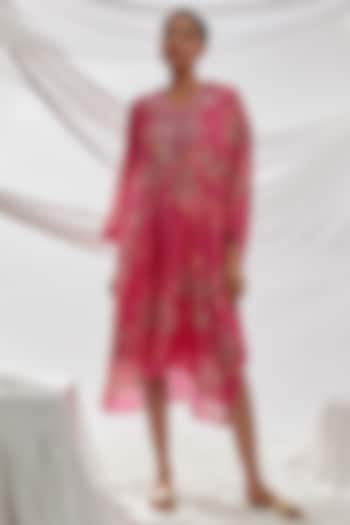 Hot Pink Viscose Silk Printed & Embroidered Kurta by One not two at Pernia's Pop Up Shop