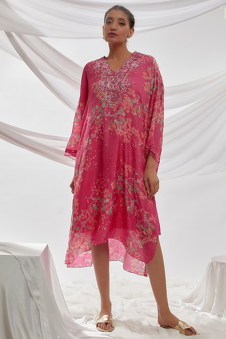 Hot Pink Viscose Silk Printed & Embroidered Kurta by One not two at Pernia's Pop Up Shop