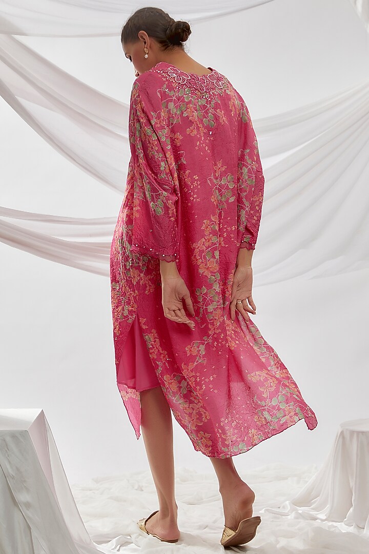 Hot Pink Viscose Silk Printed & Embroidered Kurta by One not two at Pernia's Pop Up Shop