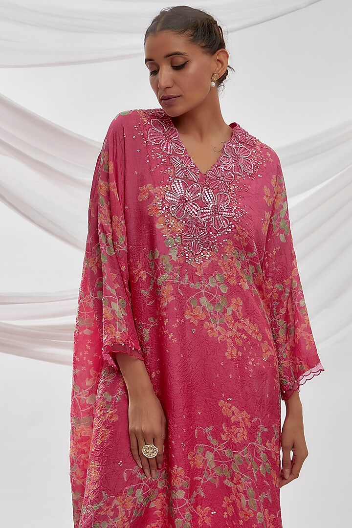 Hot Pink Viscose Silk Printed & Embroidered Kurta by One not two at Pernia's Pop Up Shop
