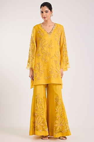 New Gold Silk Floral Applique Embroidered Sharara Set by One not two