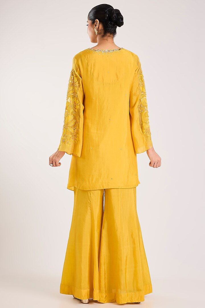 New Gold Silk Floral Applique Embroidered Wedding Sharara Set by One not two at Pernia's Pop Up Shop