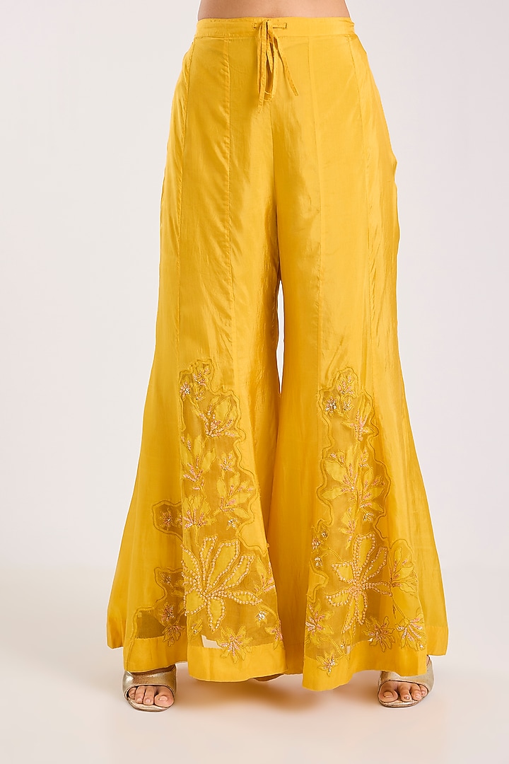New Gold Silk Floral Applique Embroidered Wedding Sharara Set by One not two at Pernia's Pop Up Shop