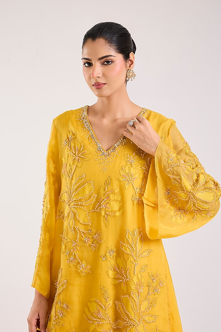 New Gold Silk Floral Applique Embroidered Wedding Sharara Set by One not two at Pernia's Pop Up Shop
