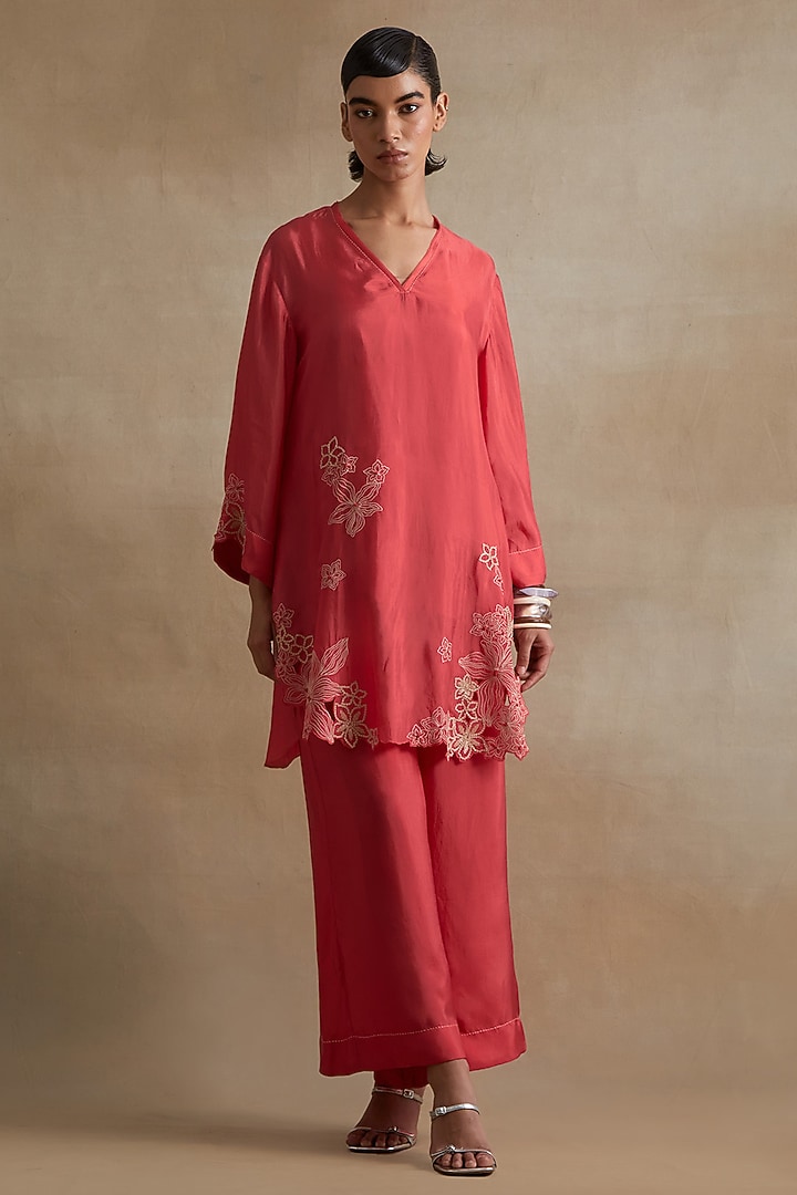 Tomato Colored Silk Floral Cutwork Co-Ord Set by One not two at Pernia's Pop Up Shop