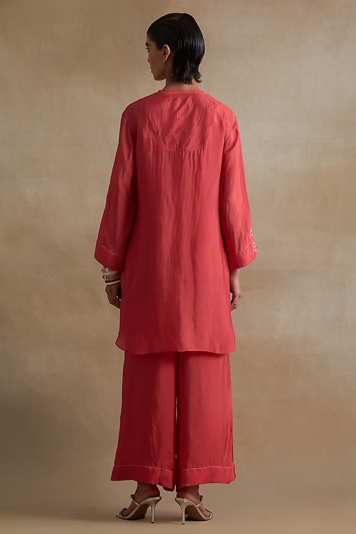 Tomato Colored Silk Floral Cutwork Co-Ord Set by One not two at Pernia's Pop Up Shop