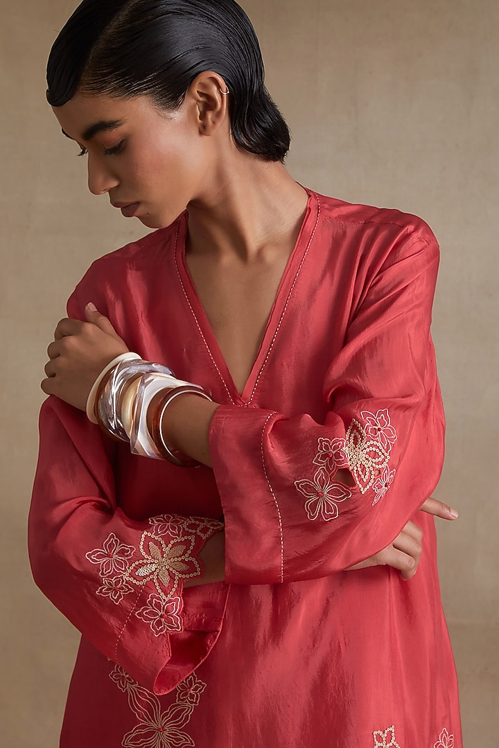 Tomato Colored Silk Floral Cutwork Co-Ord Set by One not two at Pernia's Pop Up Shop