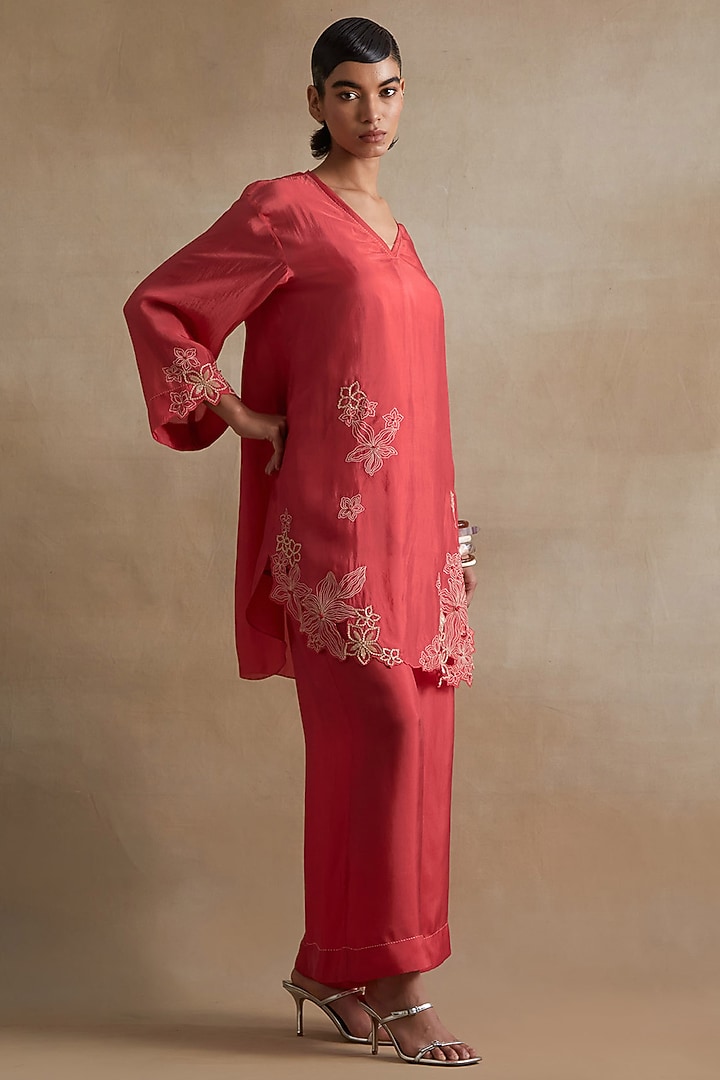 Tomato Colored Silk Floral Cutwork Co-Ord Set by One not two at Pernia's Pop Up Shop