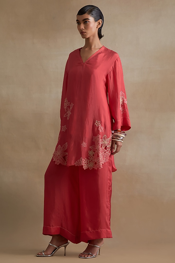 Tomato Colored Silk Floral Cutwork Co-Ord Set by One not two at Pernia's Pop Up Shop