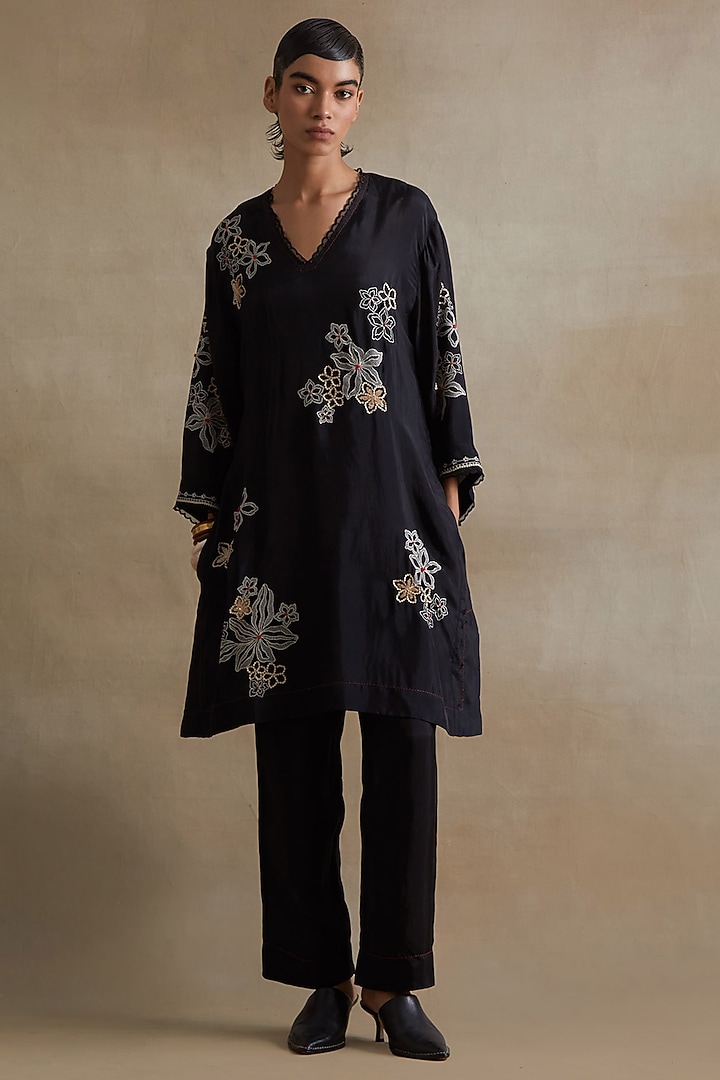 Black Silk Floral Cutwork Tunic Set by One not two at Pernia's Pop Up Shop