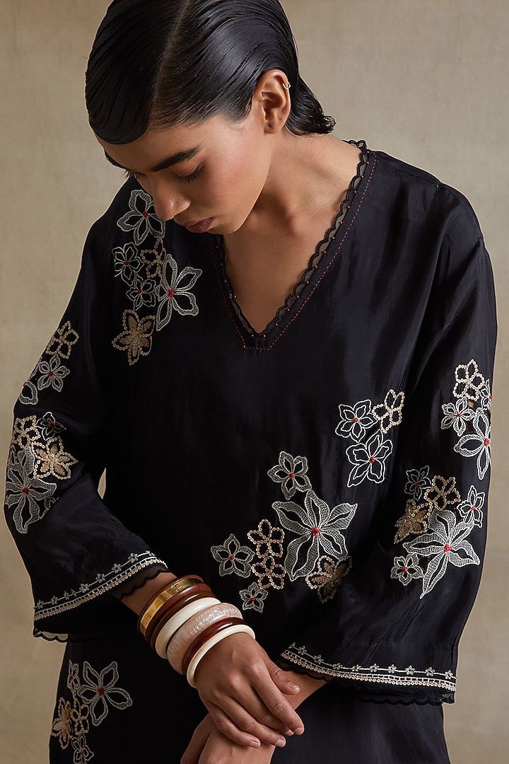 Black Silk Floral Cutwork Tunic Set by One not two at Pernia's Pop Up Shop