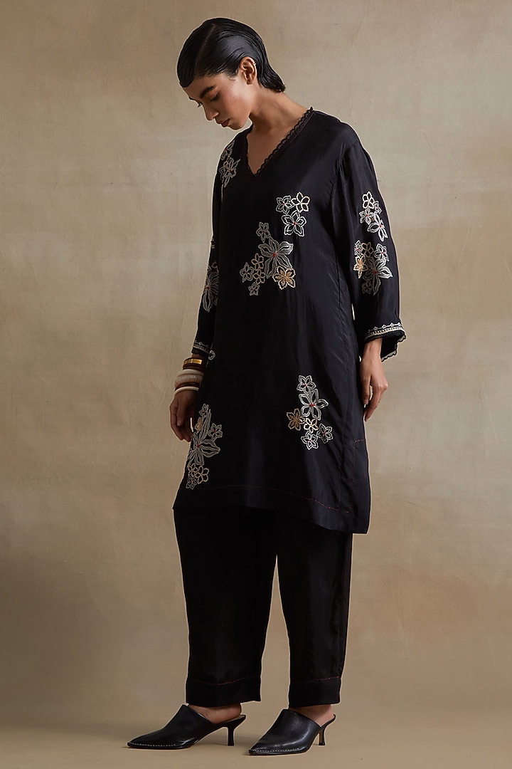 Black Silk Floral Cutwork Tunic Set by One not two at Pernia's Pop Up Shop