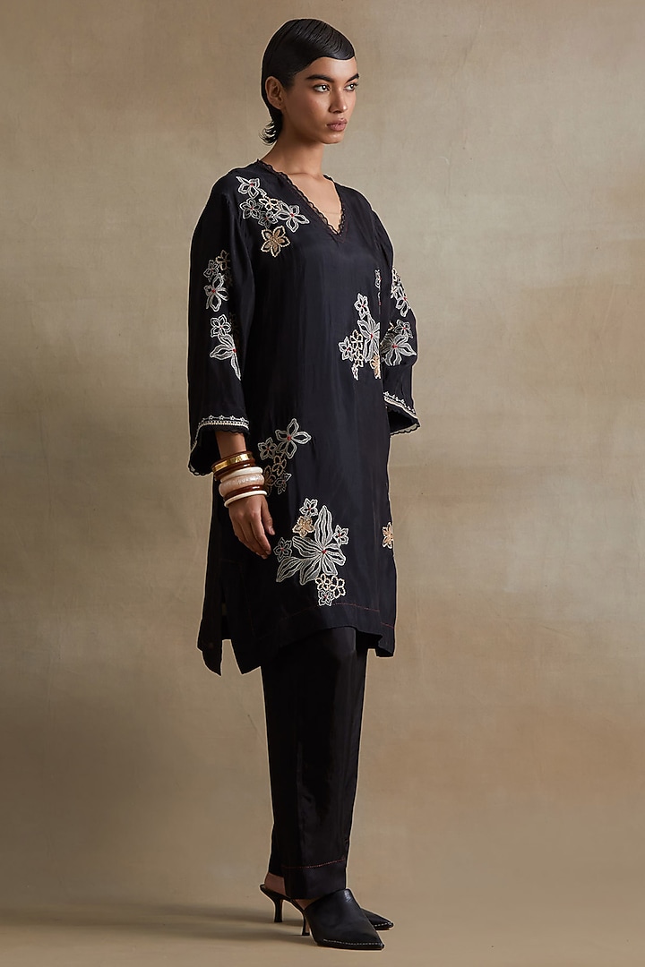 Black Silk Floral Cutwork Tunic Set by One not two at Pernia's Pop Up Shop