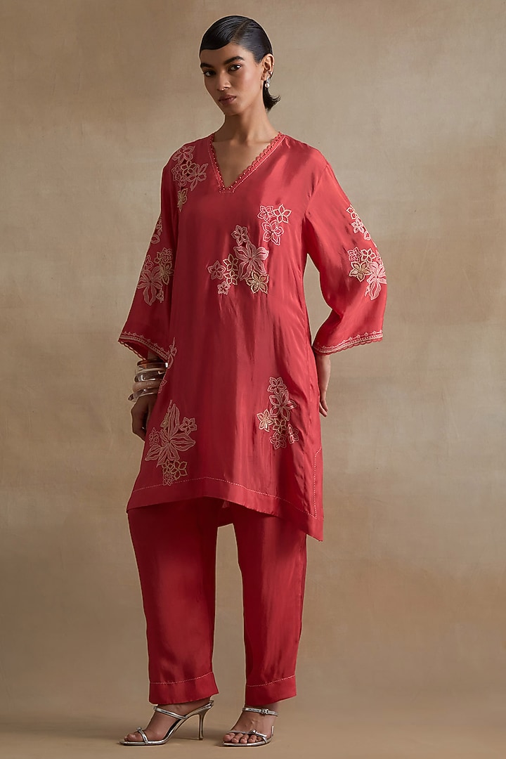 Tomato Colored Silk Floral Cutwork Tunic Set by One not two at Pernia's Pop Up Shop