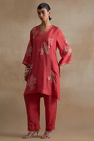 Tomato Colored Silk Floral Cutwork Tunic Set by One not two