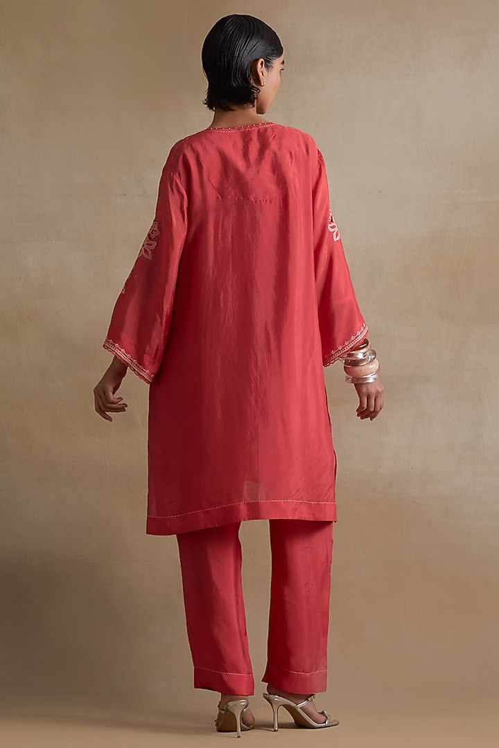Tomato Colored Silk Floral Cutwork Tunic Set by One not two at Pernia's Pop Up Shop