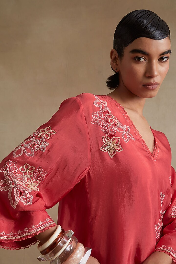 Tomato Colored Silk Floral Cutwork Tunic Set by One not two at Pernia's Pop Up Shop